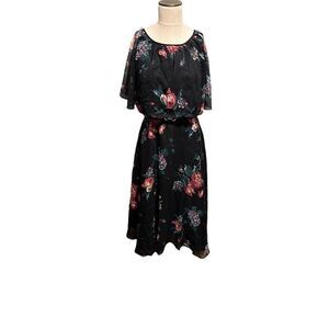 Vintage Blouson Style Black Semi Sheer Layered Floral Dress Rhinestone Size M
